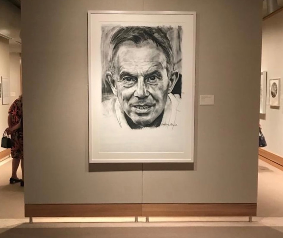 sketch portrait of Tony Blair by artist Alastair Adams in exhibition in Singapore, famous people