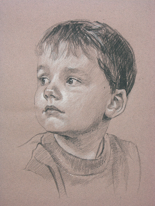 sketch portrait in charcoal and pastels by artist Alastair Adams, family portraits, male, children