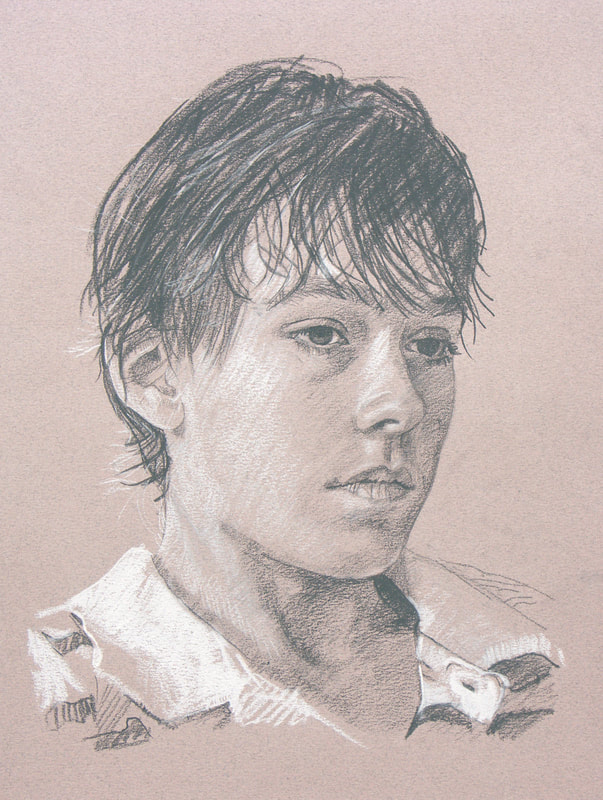 sketch portrait in charcoal and pastels by artist Alastair Adams, family portraits, male, men, children