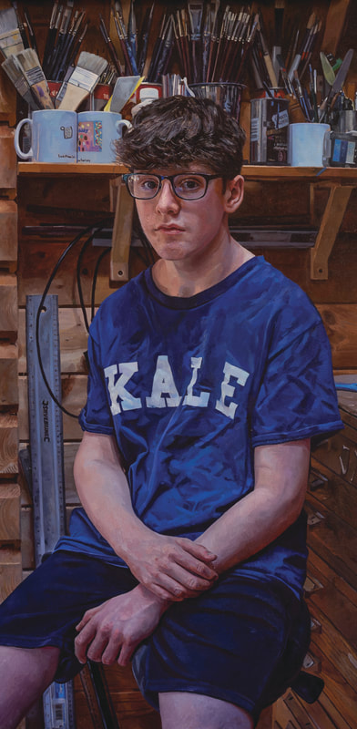 oil painted portrait painted by artist Alastair Adams family portrait, male, children, teen, lockdown, pandemic