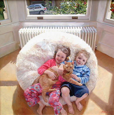 oil painting, portrait by artist Alastair Adams, lifestyle group setting, family portrait, children