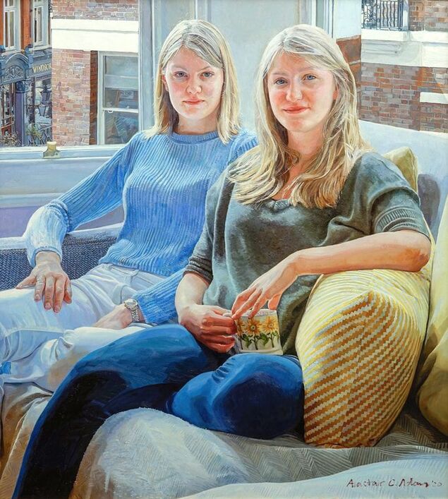 oil painting, portrait by artist Alastair Adams, lifestyle group setting, family portrait, female, women, children