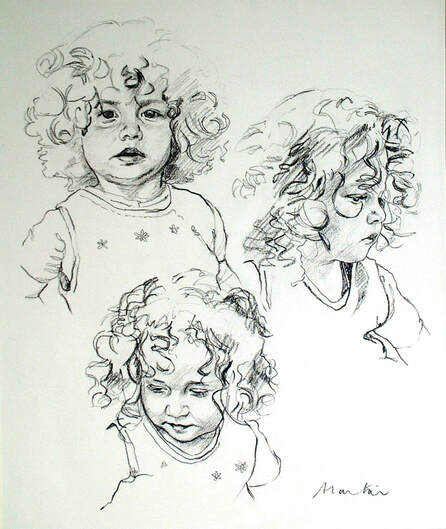 sketch portrait in charcoal and pastels by artist Alastair Adams, family portraits, female, children
