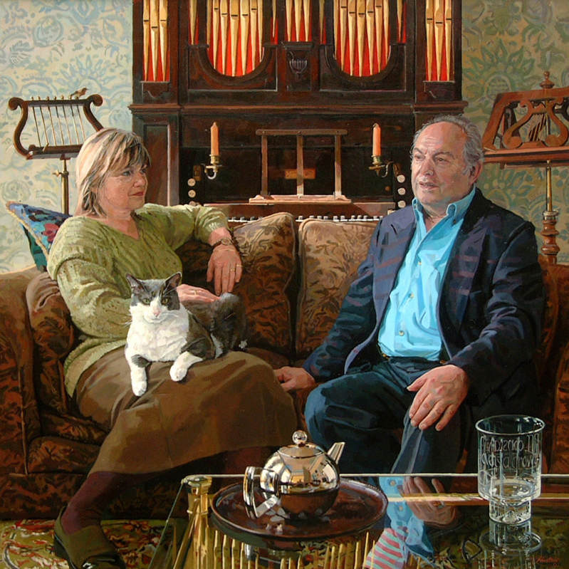 oil painting, portrait by artist Alastair Adams, lifestyle group setting, family portrait